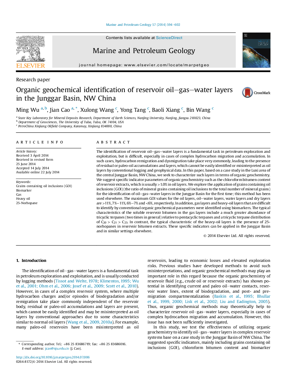 Research paperOrganic geochemical identification of reservoir oil-gas-water layers in the Junggar Basin, NW China