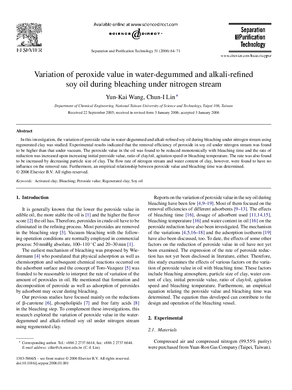 Variation of peroxide value in water-degummed and alkali-refined soy oil during bleaching under nitrogen stream