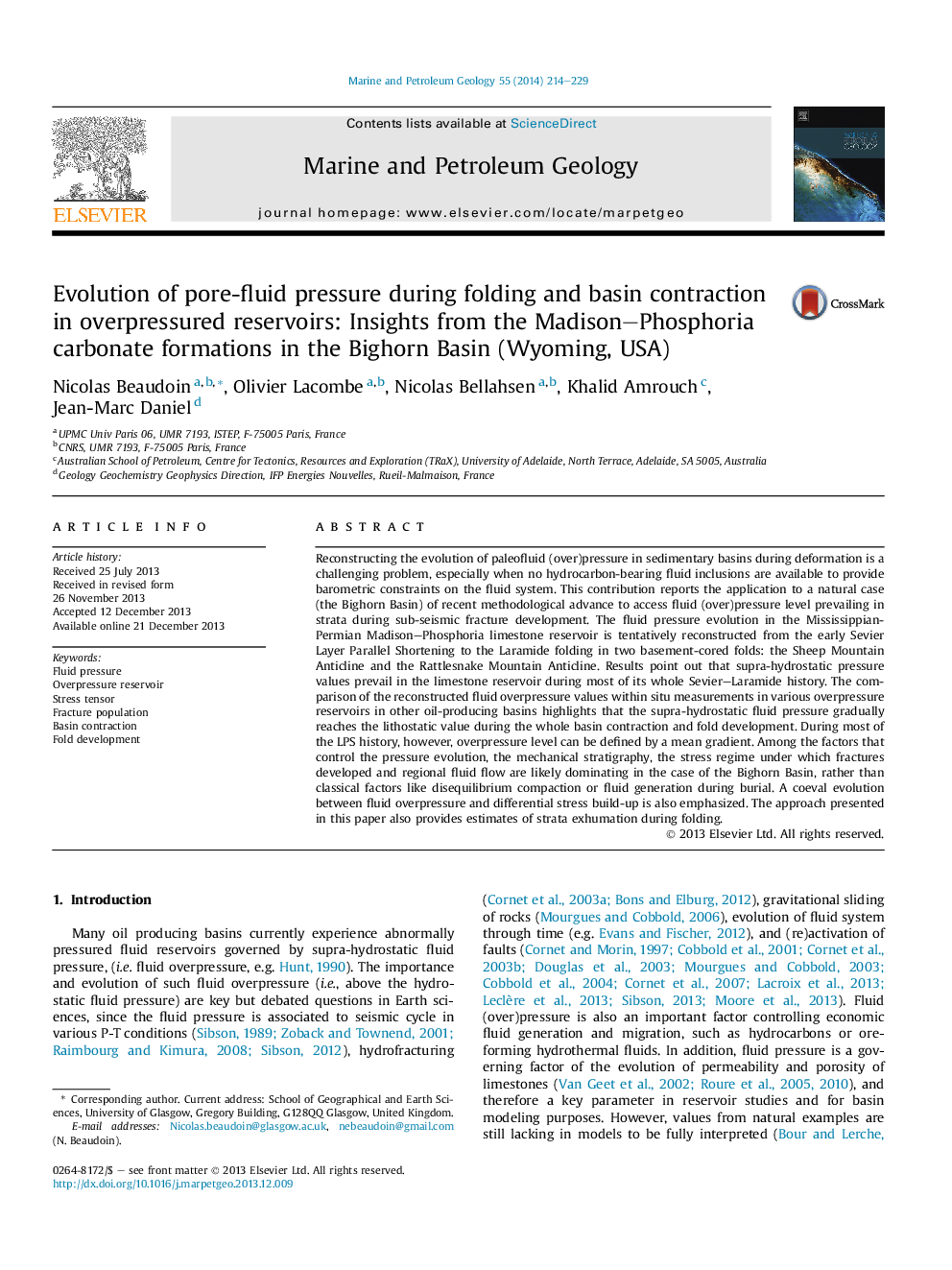 Evolution of pore-fluid pressure during folding and basin contraction in overpressured reservoirs: Insights from the Madison-Phosphoria carbonate formations in the Bighorn Basin (Wyoming, USA)