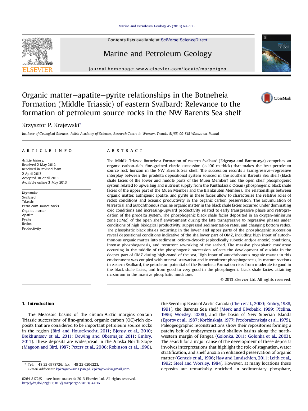 Organic matter-apatite-pyrite relationships in the Botneheia Formation (Middle Triassic) of eastern Svalbard: Relevance to the formation of petroleum source rocks in the NW Barents Sea shelf