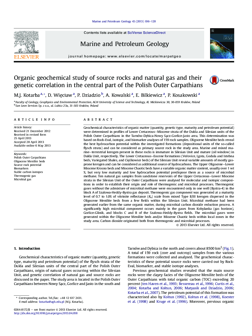 Organic geochemical study of source rocks and natural gas and their genetic correlation in the central part of the Polish Outer Carpathians