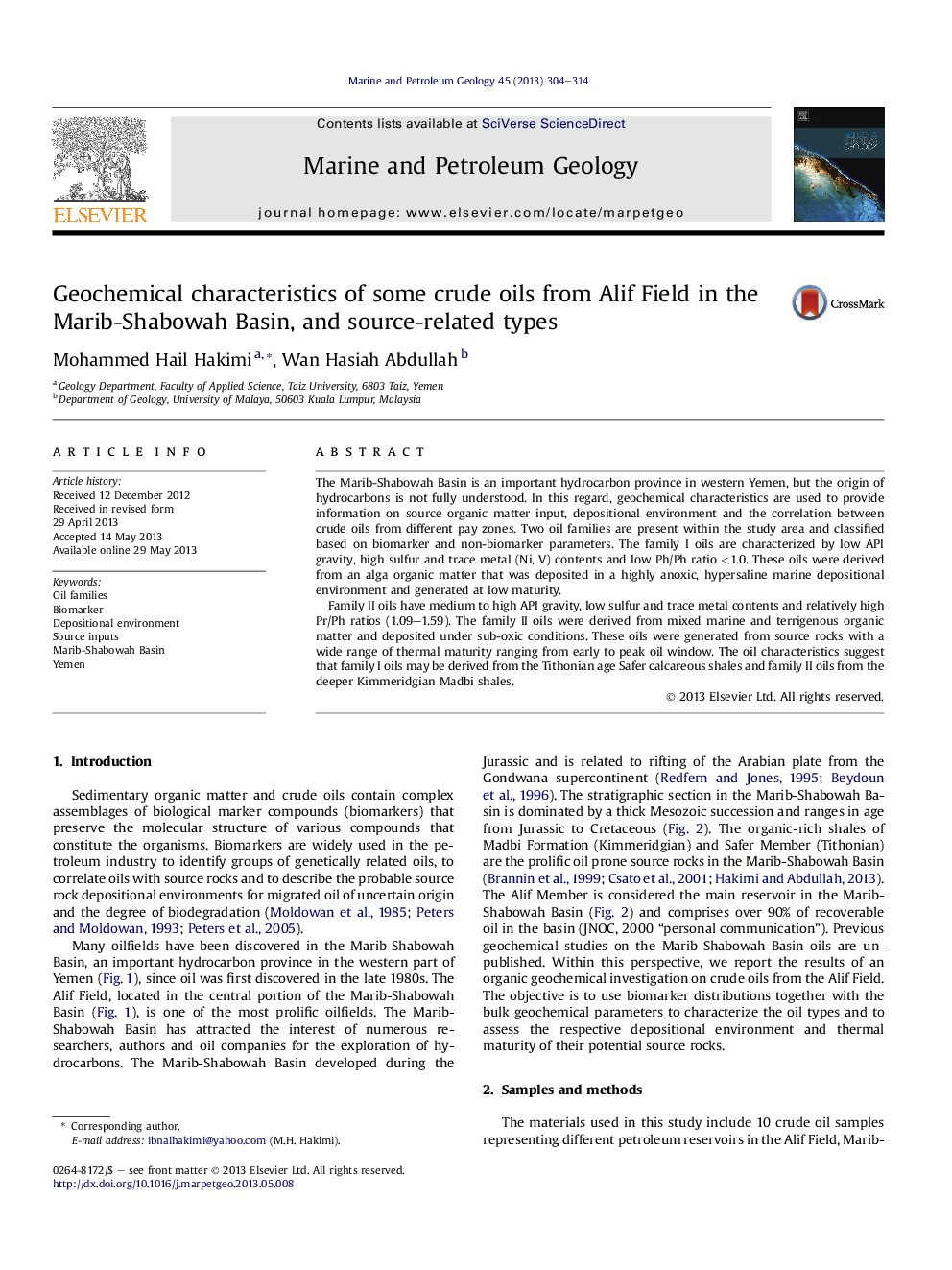 Geochemical characteristics of some crude oils from Alif Field in the Marib-Shabowah Basin, and source-related types