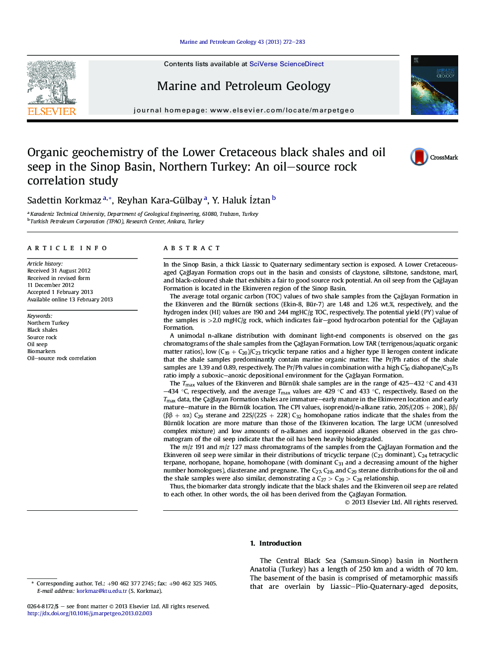 Organic geochemistry of the Lower Cretaceous black shales and oil seep in the Sinop Basin, Northern Turkey: An oil-source rock correlation study