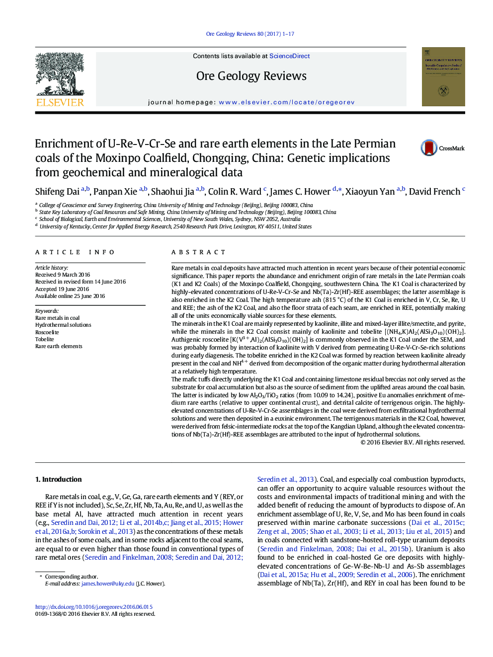 Enrichment of U-Re-V-Cr-Se and rare earth elements in the Late Permian coals of the Moxinpo Coalfield, Chongqing, China: Genetic implications from geochemical and mineralogical data