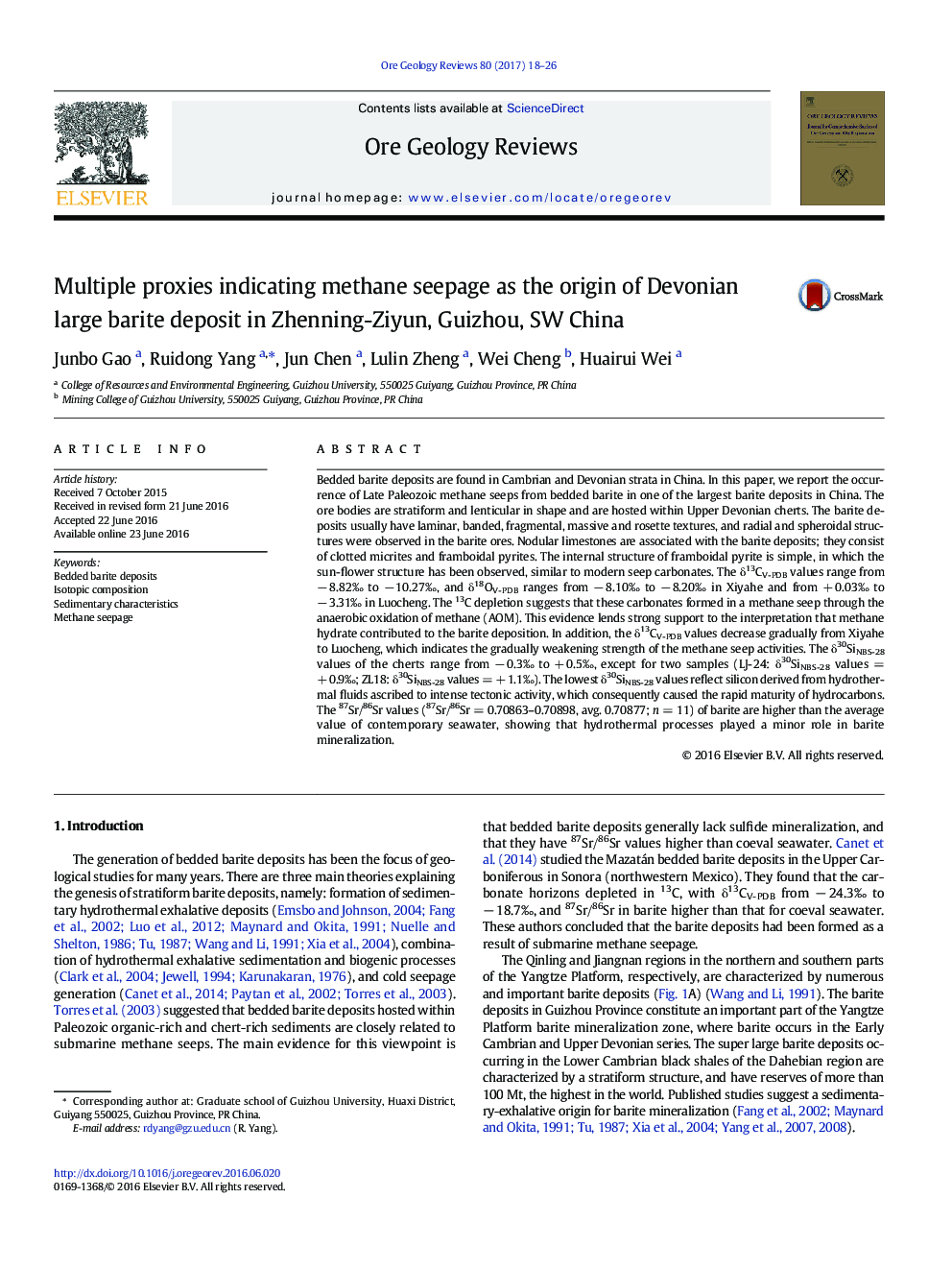 Multiple proxies indicating methane seepage as the origin of Devonian large barite deposit in Zhenning-Ziyun, Guizhou, SW China