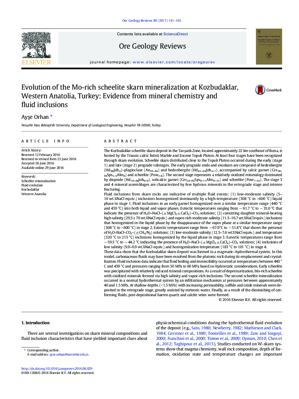 Evolution of the Mo-rich scheelite skarn mineralization at Kozbudaklar, Western Anatolia, Turkey: Evidence from mineral chemistry and fluid inclusions