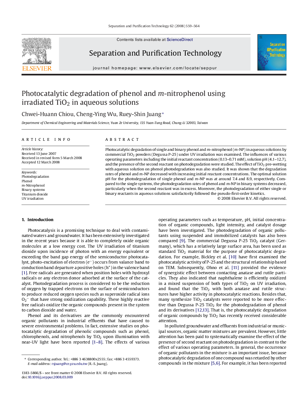 Photocatalytic degradation of phenol and m-nitrophenol using irradiated TiO2 in aqueous solutions