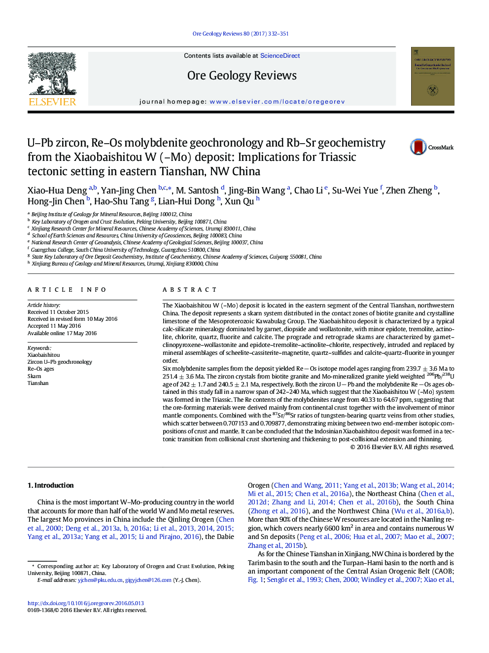 U-Pb zircon, Re-Os molybdenite geochronology and Rb-Sr geochemistry from the Xiaobaishitou W (-Mo) deposit: Implications for Triassic tectonic setting in eastern Tianshan, NW China