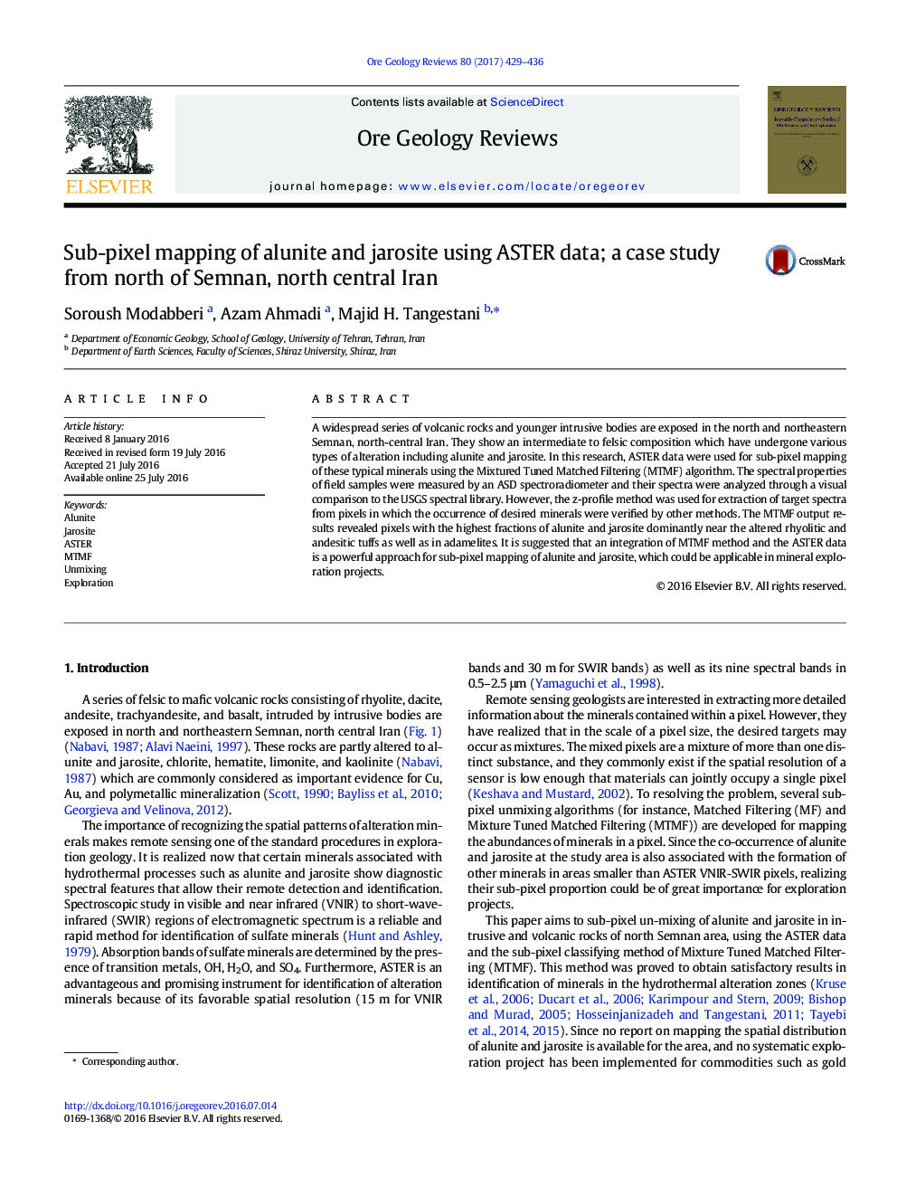 Sub-pixel mapping of alunite and jarosite using ASTER data; a case study from north of Semnan, north central Iran