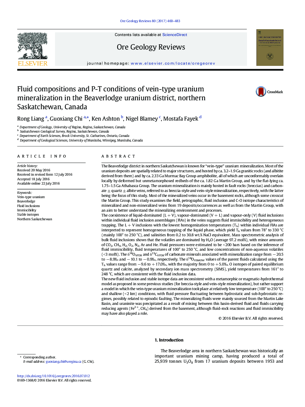 Fluid compositions and P-T conditions of vein-type uranium mineralization in the Beaverlodge uranium district, northern Saskatchewan, Canada