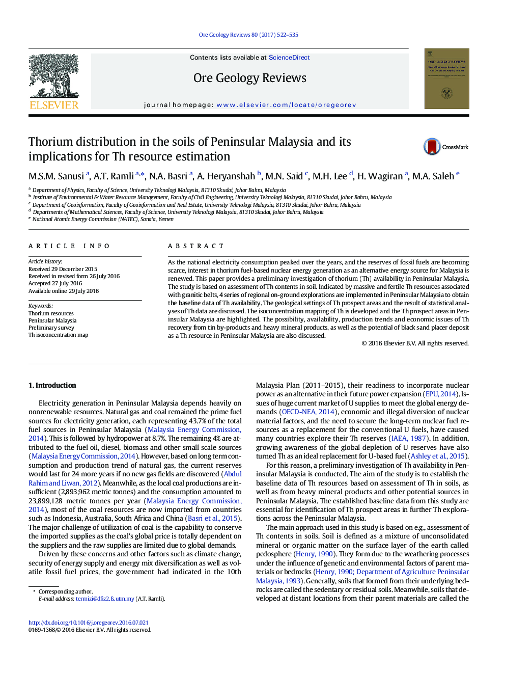 Thorium distribution in the soils of Peninsular Malaysia and its implications for Th resource estimation