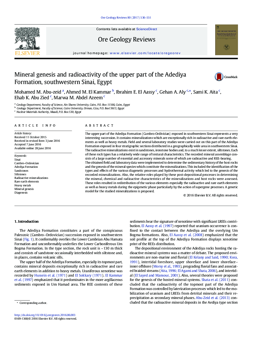 Mineral genesis and radioactivity of the upper part of the Adediya Formation, southwestern Sinai, Egypt