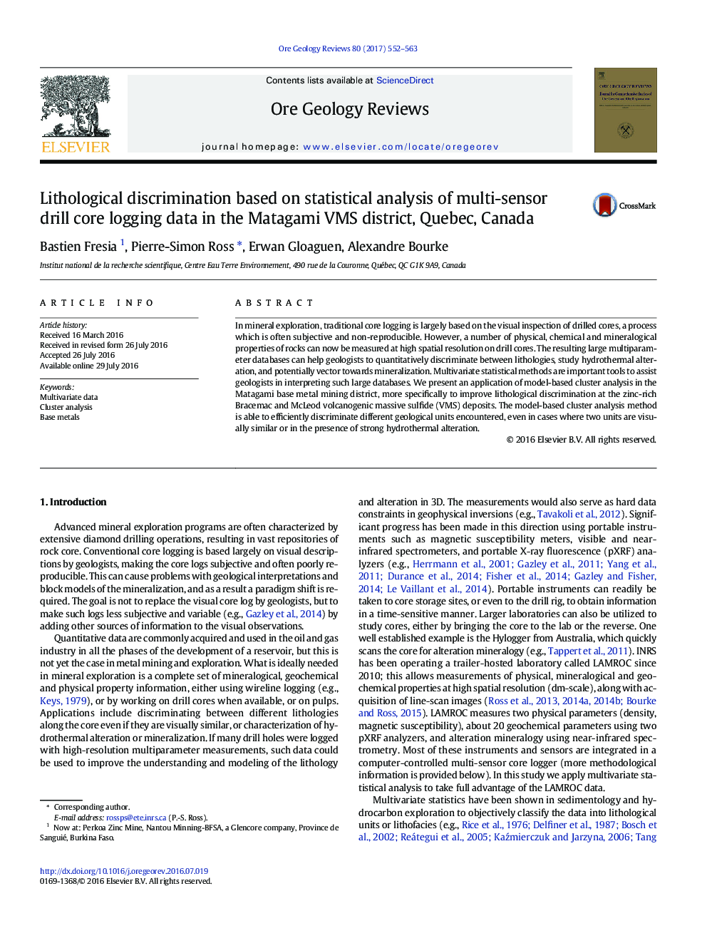 Lithological discrimination based on statistical analysis of multi-sensor drill core logging data in the Matagami VMS district, Quebec, Canada