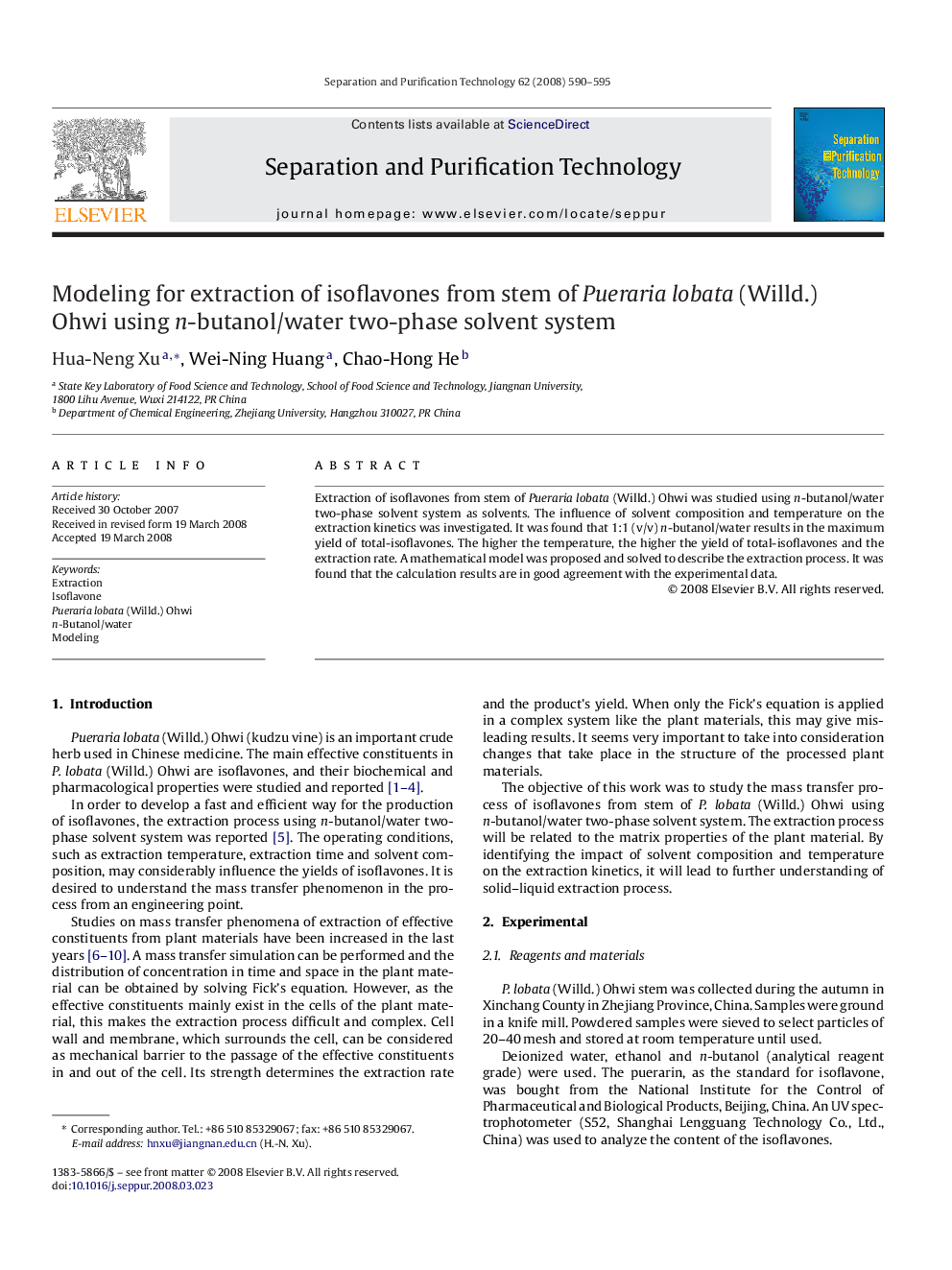 Modeling for extraction of isoflavones from stem of Pueraria lobata (Willd.) Ohwi using n-butanol/water two-phase solvent system