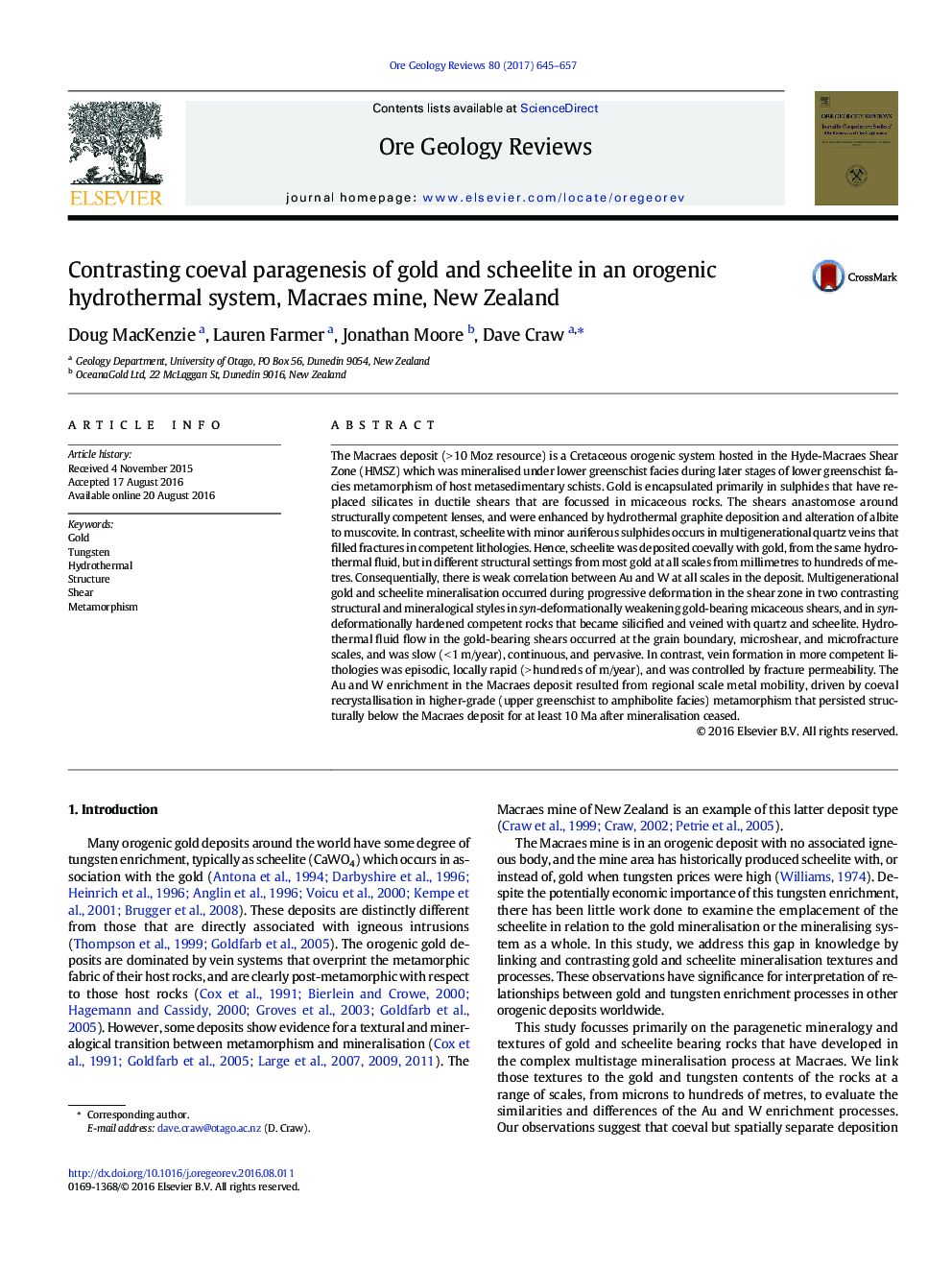 Contrasting coeval paragenesis of gold and scheelite in an orogenic hydrothermal system, Macraes mine, New Zealand