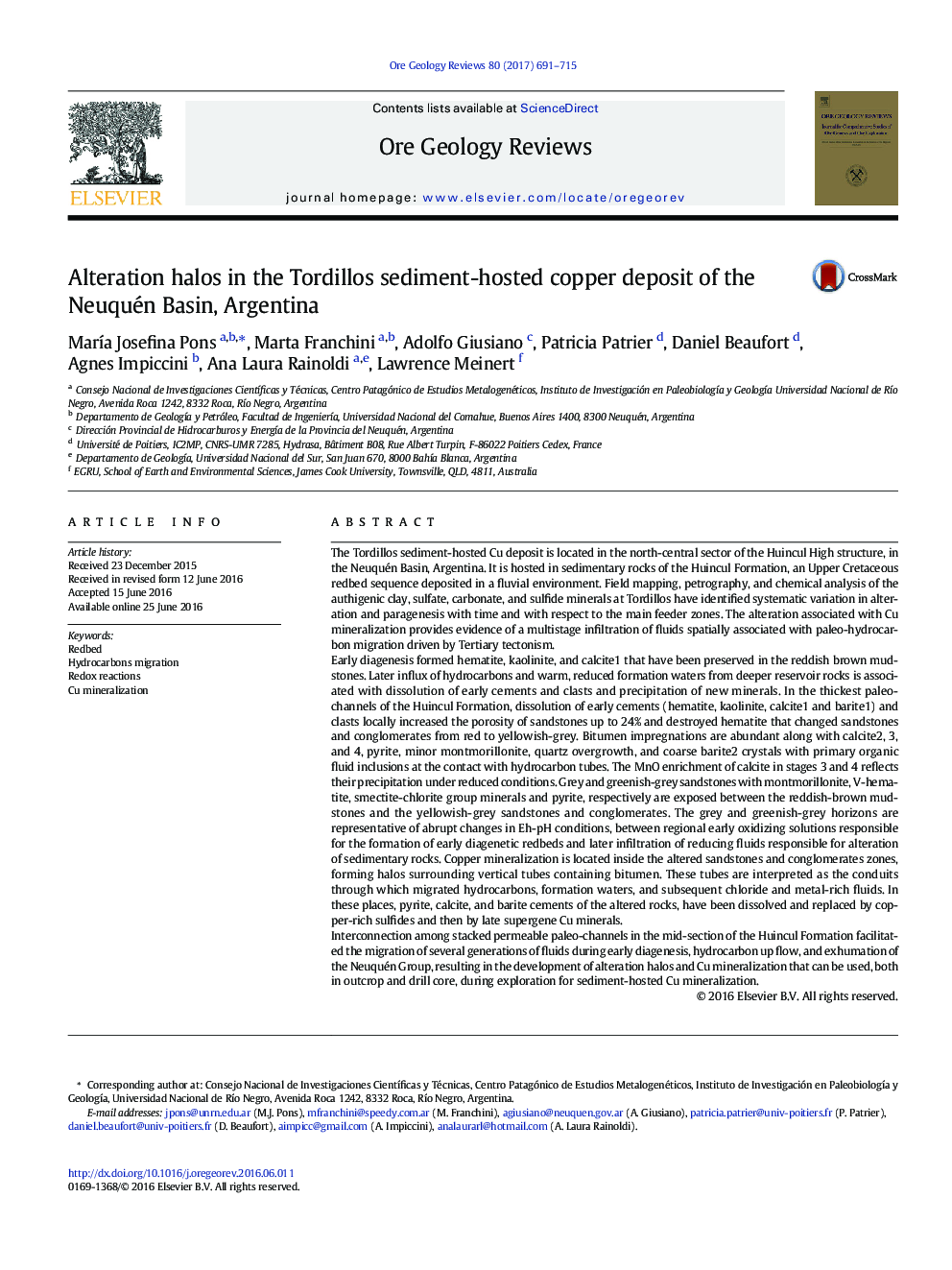 Alteration halos in the Tordillos sediment-hosted copper deposit of the Neuquén Basin, Argentina