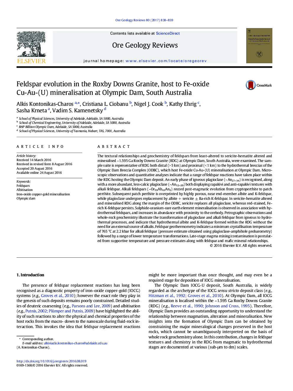 Feldspar evolution in the Roxby Downs Granite, host to Fe-oxide Cu-Au-(U) mineralisation at Olympic Dam, South Australia