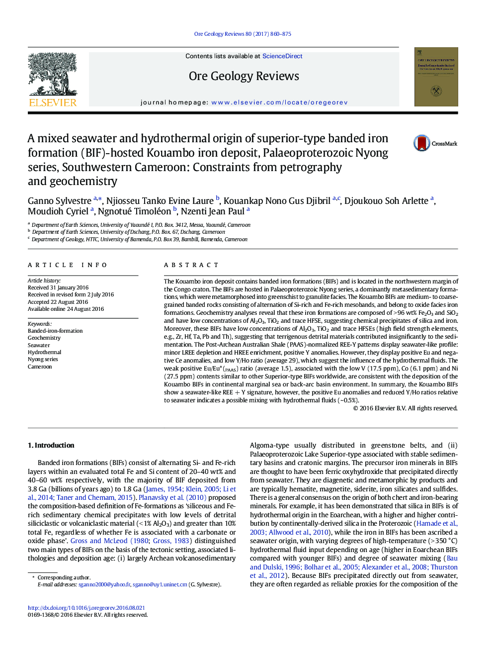 A mixed seawater and hydrothermal origin of superior-type banded iron formation (BIF)-hosted Kouambo iron deposit, Palaeoproterozoic Nyong series, Southwestern Cameroon: Constraints from petrography and geochemistry