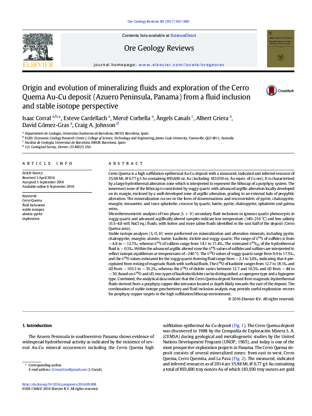 Origin and evolution of mineralizing fluids and exploration of the Cerro Quema Au-Cu deposit (Azuero Peninsula, Panama) from a fluid inclusion and stable isotope perspective