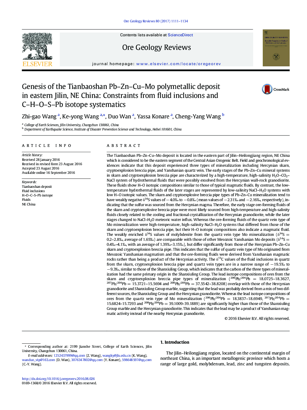 Genesis of the Tianbaoshan Pb-Zn-Cu-Mo polymetallic deposit in eastern Jilin, NE China: Constraints from fluid inclusions and C-H-O-S-Pb isotope systematics