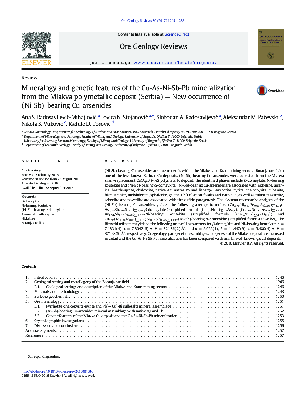 ReviewMineralogy and genetic features of the Cu-As-Ni-Sb-Pb mineralization from the Mlakva polymetallic deposit (Serbia) - New occurrence of (Ni-Sb)-bearing Cu-arsenides
