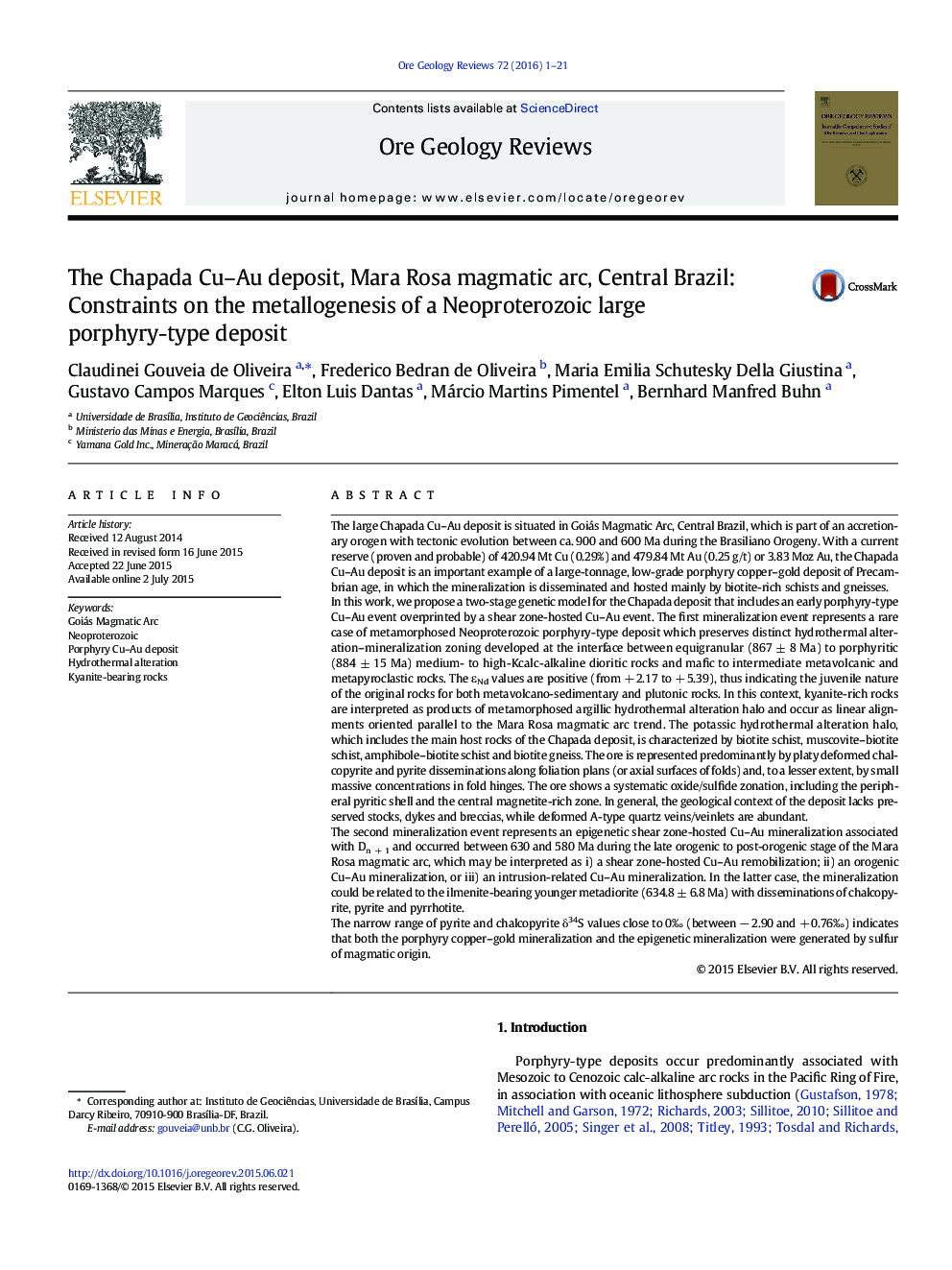 The Chapada Cu-Au deposit, Mara Rosa magmatic arc, Central Brazil: Constraints on the metallogenesis of a Neoproterozoic large porphyry-type deposit