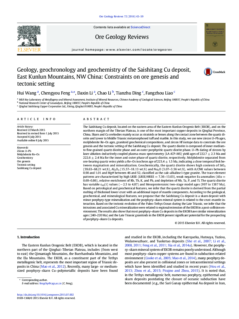 Geology, geochronology and geochemistry of the Saishitang Cu deposit, East Kunlun Mountains, NW China: Constraints on ore genesis and tectonic setting