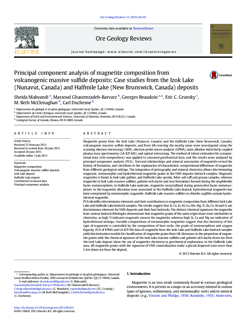 Principal component analysis of magnetite composition from volcanogenic massive sulfide deposits: Case studies from the Izok Lake (Nunavut, Canada) and Halfmile Lake (New Brunswick, Canada) deposits