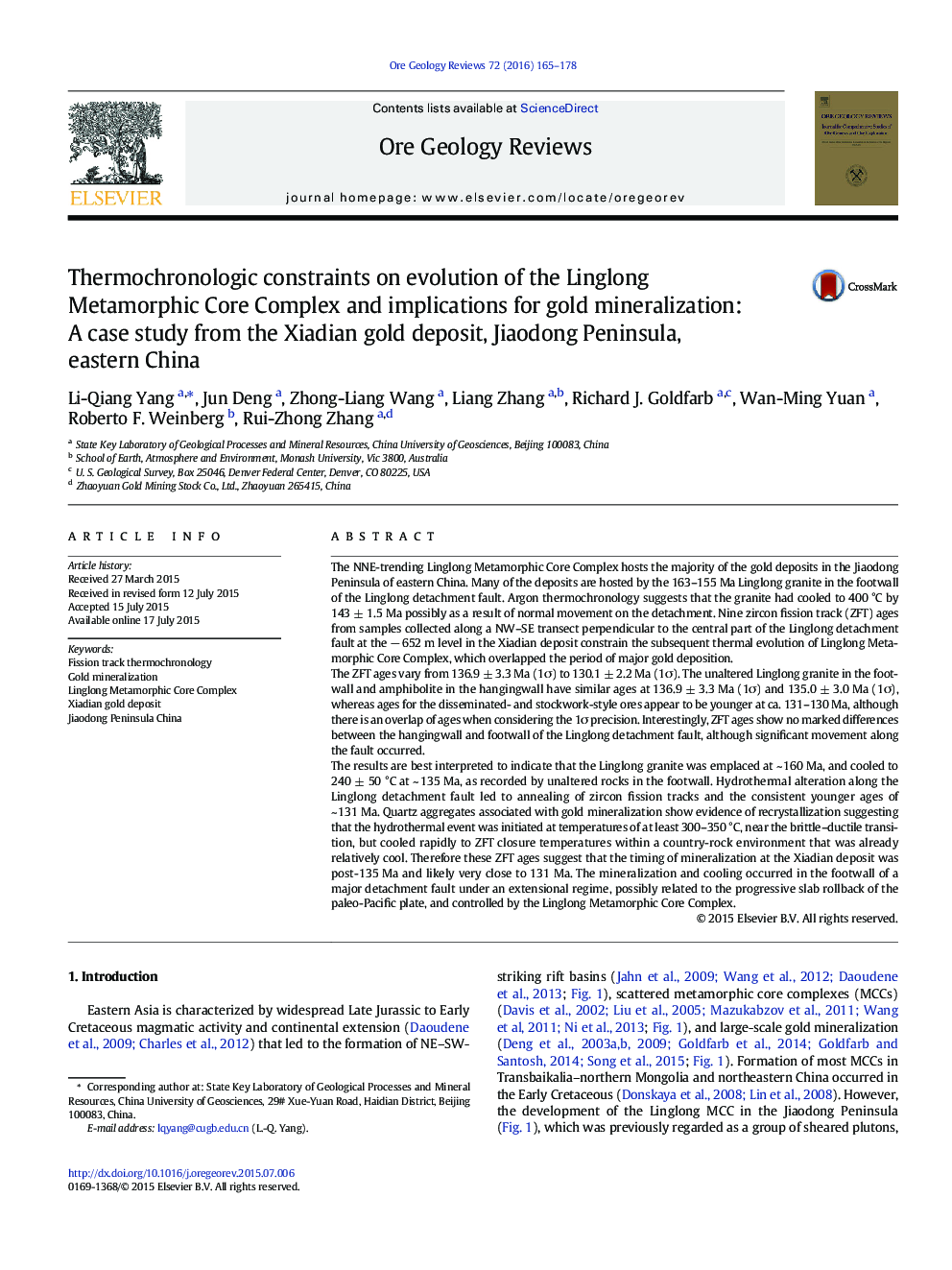 Thermochronologic constraints on evolution of the Linglong Metamorphic Core Complex and implications for gold mineralization: A case study from the Xiadian gold deposit, Jiaodong Peninsula, eastern China