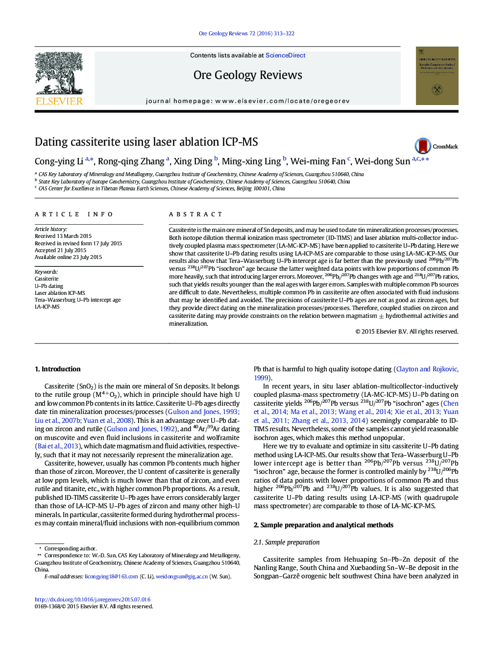 Dating cassiterite using laser ablation ICP-MS