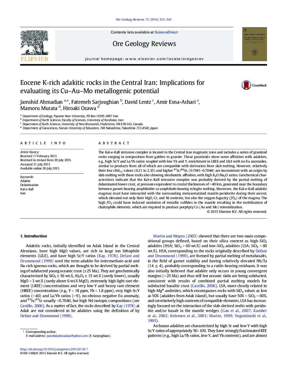 Eocene K-rich adakitic rocks in the Central Iran: Implications for evaluating its Cu-Au-Mo metallogenic potential