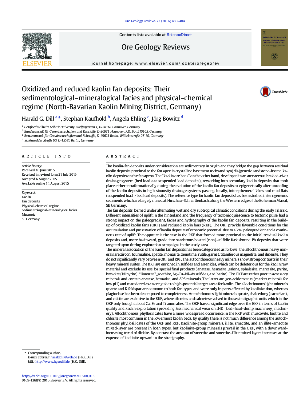 Oxidized and reduced kaolin fan deposits: Their sedimentological-mineralogical facies and physical-chemical regime (North-Bavarian Kaolin Mining District, Germany)