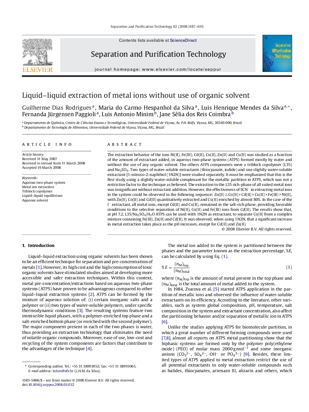 Liquid–liquid extraction of metal ions without use of organic solvent