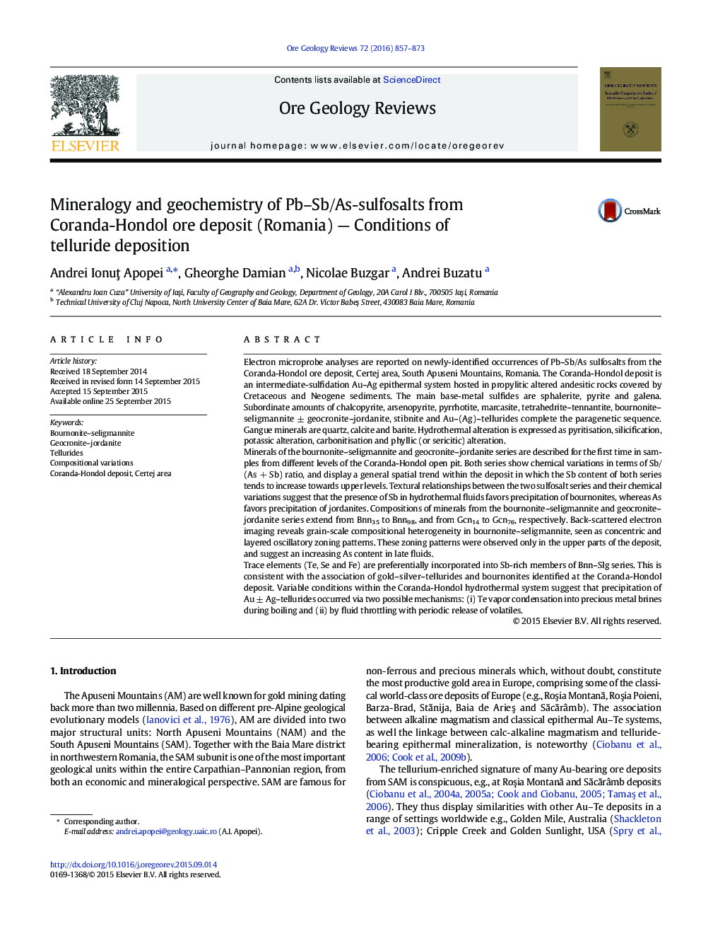 Mineralogy and geochemistry of Pb-Sb/As-sulfosalts from Coranda-Hondol ore deposit (Romania) - Conditions of telluride deposition