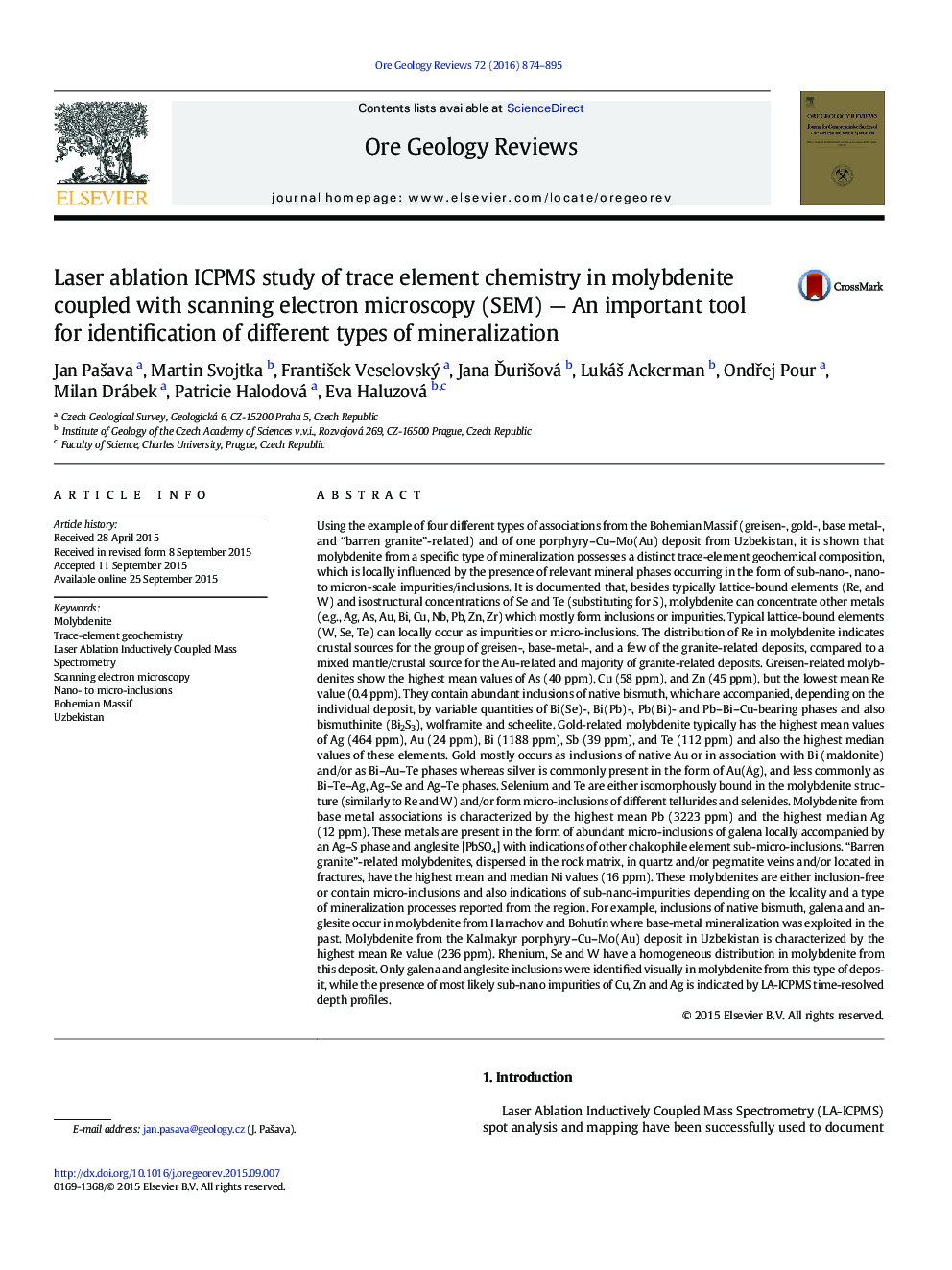 Laser ablation ICPMS study of trace element chemistry in molybdenite coupled with scanning electron microscopy (SEM) - An important tool for identification of different types of mineralization