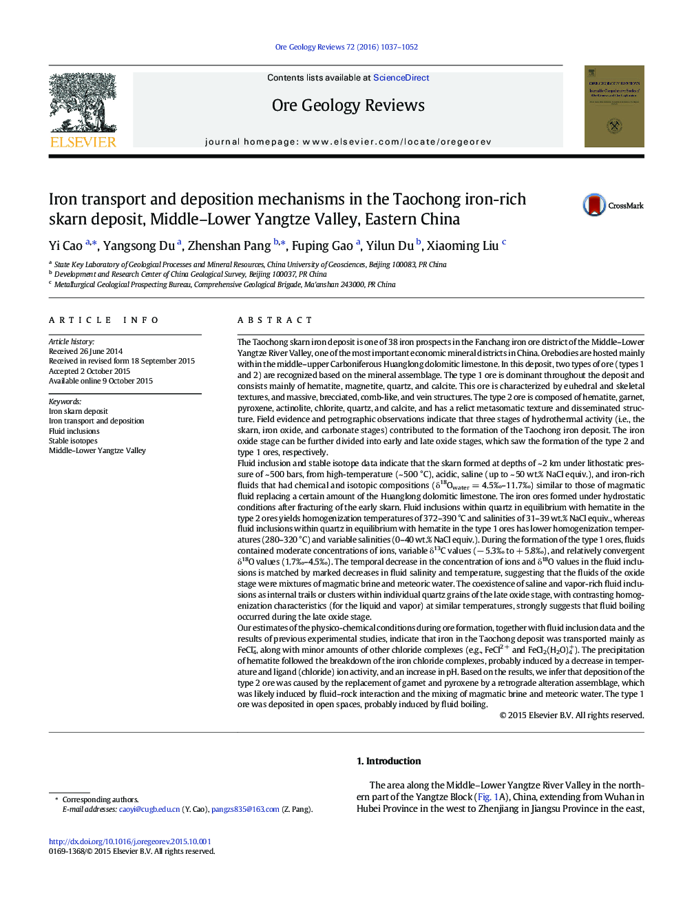 Iron transport and deposition mechanisms in the Taochong iron-rich skarn deposit, Middle-Lower Yangtze Valley, Eastern China