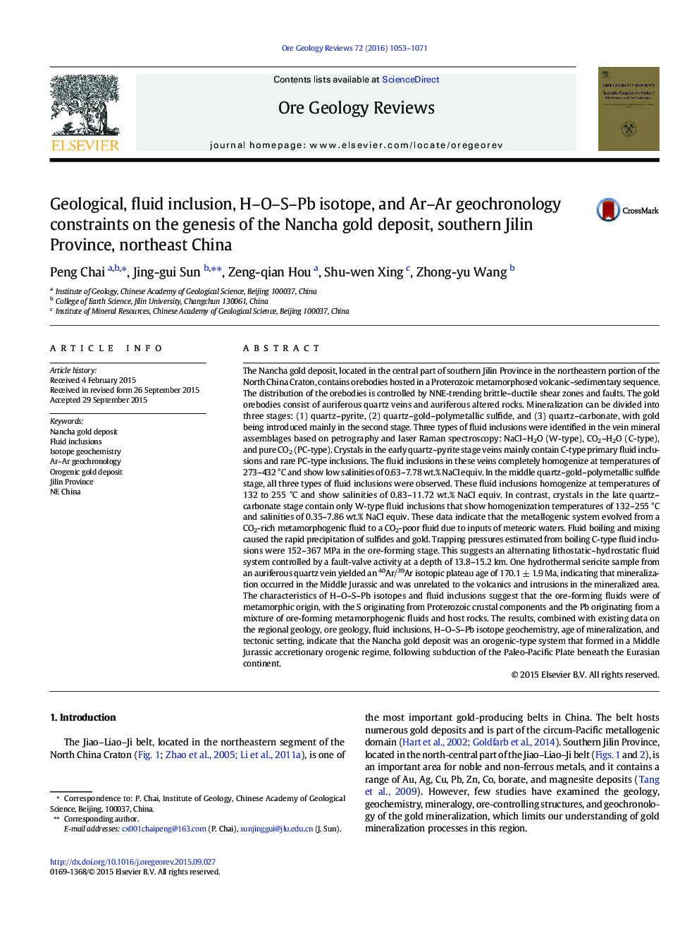 Geological, fluid inclusion, H-O-S-Pb isotope, and Ar-Ar geochronology constraints on the genesis of the Nancha gold deposit, southern Jilin Province, northeast China
