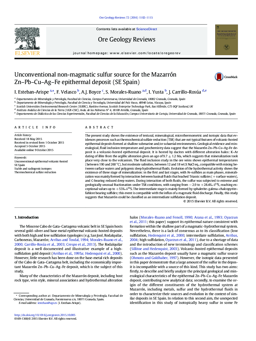 Unconventional non-magmatic sulfur source for the Mazarrón Zn-Pb-Cu-Ag-Fe epithermal deposit (SE Spain)