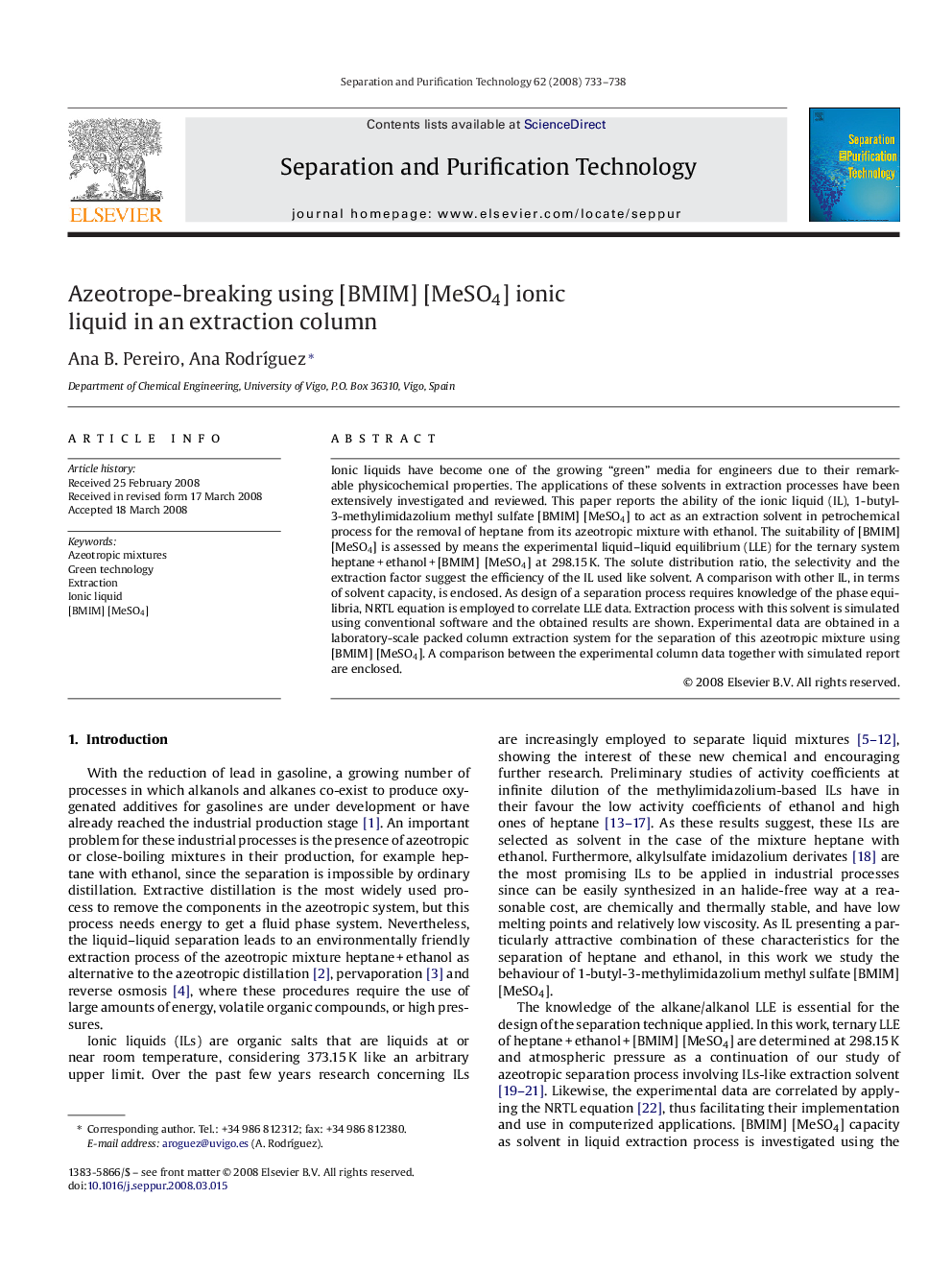 Azeotrope-breaking using [BMIM] [MeSO4] ionic liquid in an extraction column