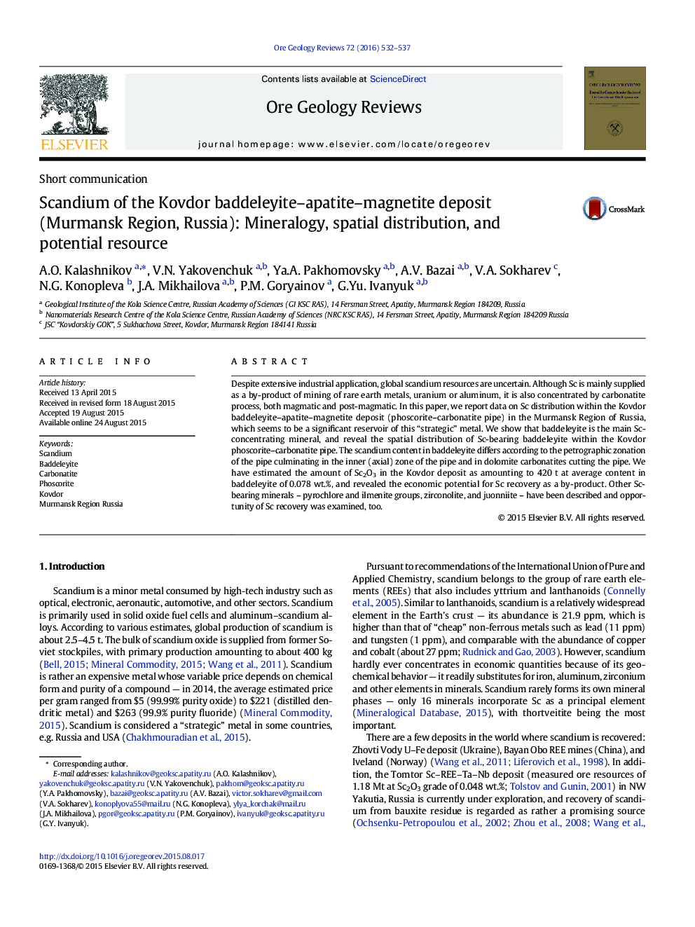 Short communicationScandium of the Kovdor baddeleyite-apatite-magnetite deposit (Murmansk Region, Russia): Mineralogy, spatial distribution, and potential resource