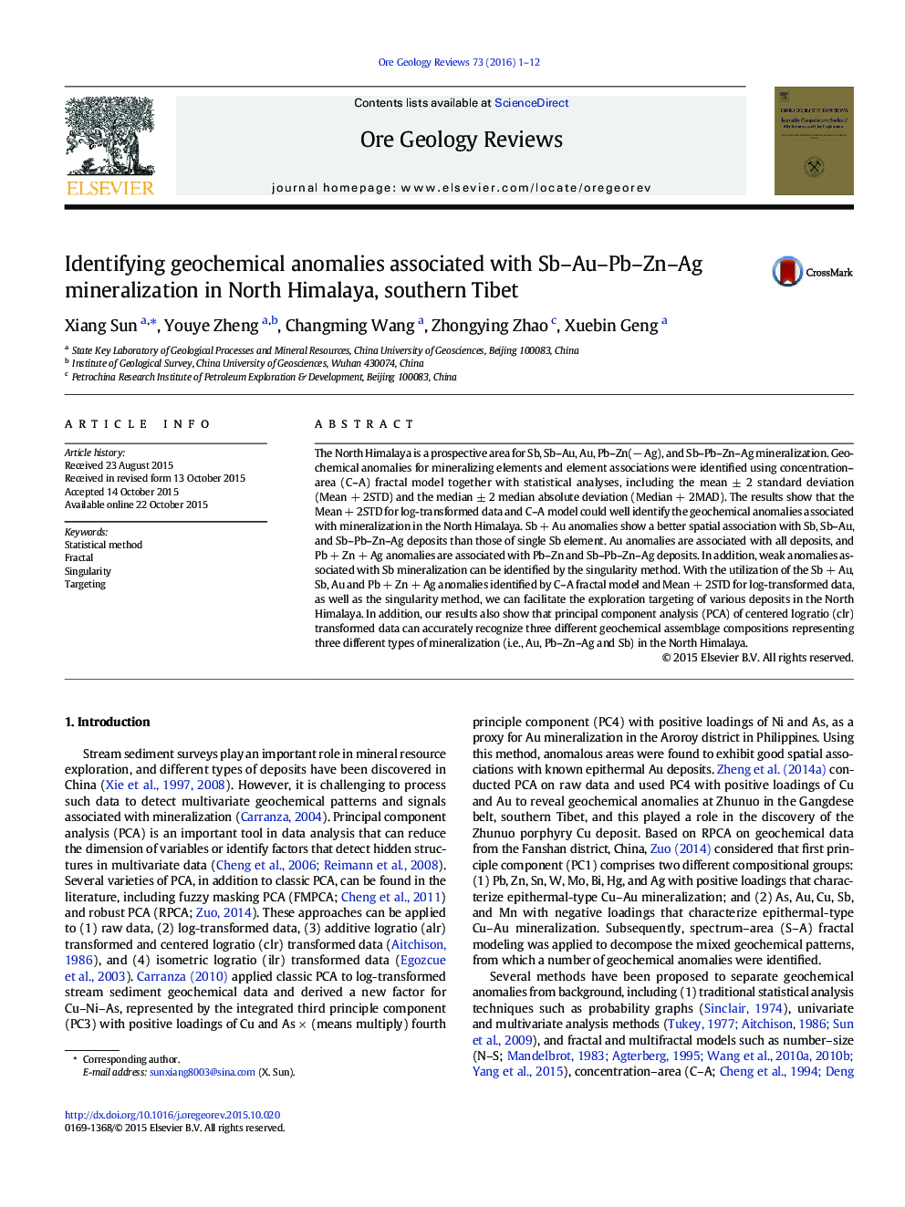 Identifying geochemical anomalies associated with Sb-Au-Pb-Zn-Ag mineralization in North Himalaya, southern Tibet