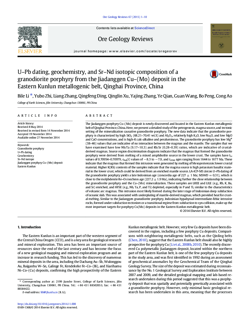 U-Pb dating, geochemistry, and Sr-Nd isotopic composition of a granodiorite porphyry from the Jiadanggen Cu-(Mo) deposit in the Eastern Kunlun metallogenic belt, Qinghai Province, China