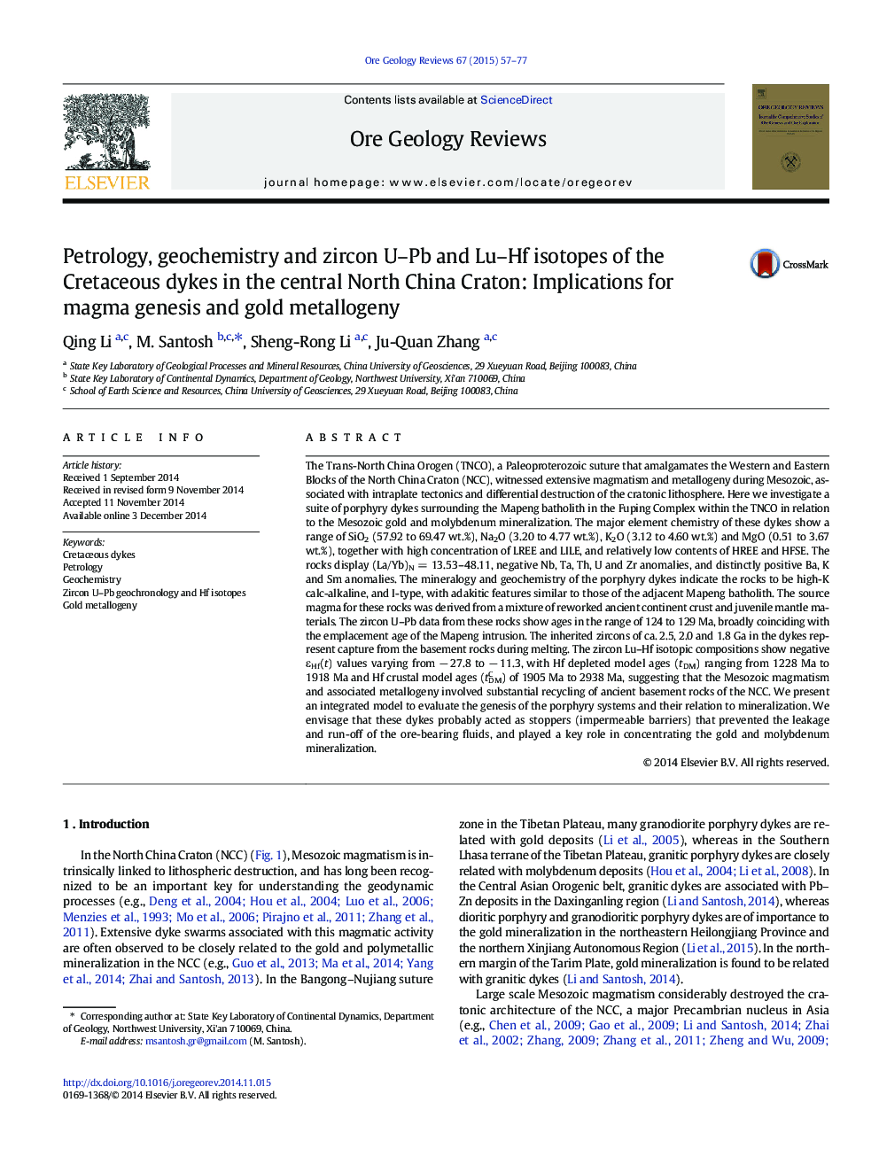 Petrology, geochemistry and zircon U-Pb and Lu-Hf isotopes of the Cretaceous dykes in the central North China Craton: Implications for magma genesis and gold metallogeny