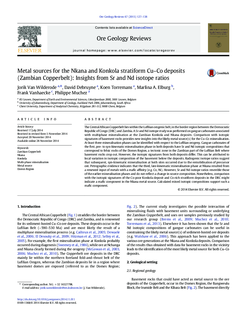 Metal sources for the Nkana and Konkola stratiform Cu-Co deposits (Zambian Copperbelt): Insights from Sr and Nd isotope ratios