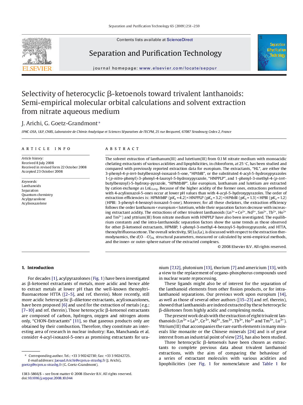 Selectivity of heterocyclic β-ketoenols toward trivalent lanthanoids: Semi-empirical molecular orbital calculations and solvent extraction from nitrate aqueous medium