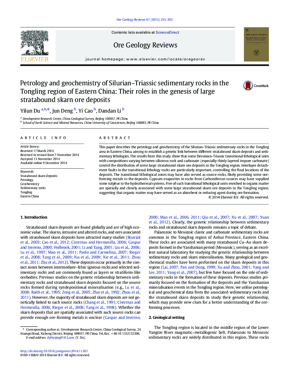 Petrology and geochemistry of Silurian-Triassic sedimentary rocks in the Tongling region of Eastern China: Their roles in the genesis of large stratabound skarn ore deposits