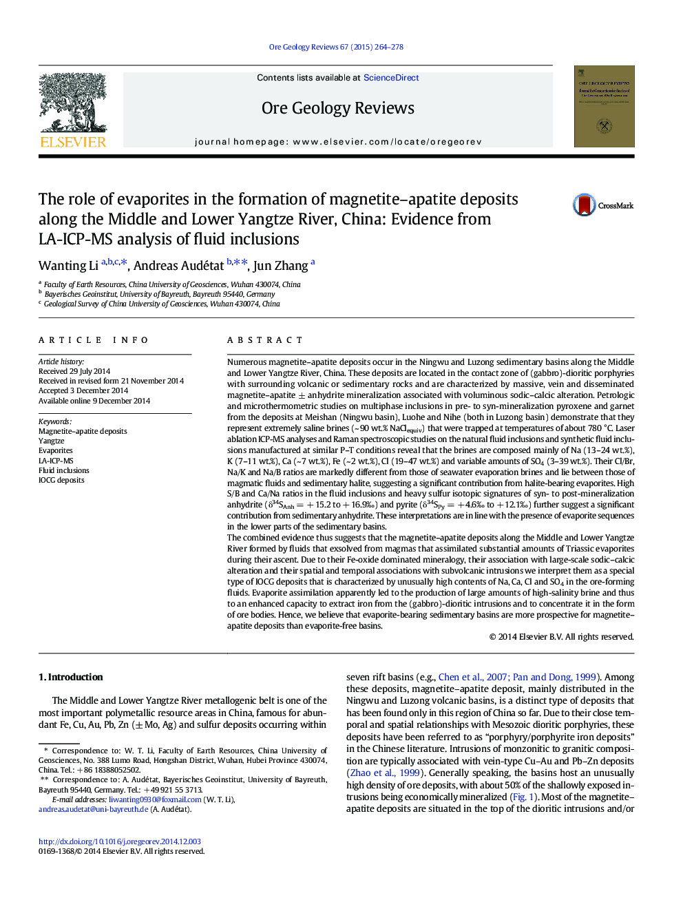 The role of evaporites in the formation of magnetite-apatite deposits along the Middle and Lower Yangtze River, China: Evidence from LA-ICP-MS analysis of fluid inclusions