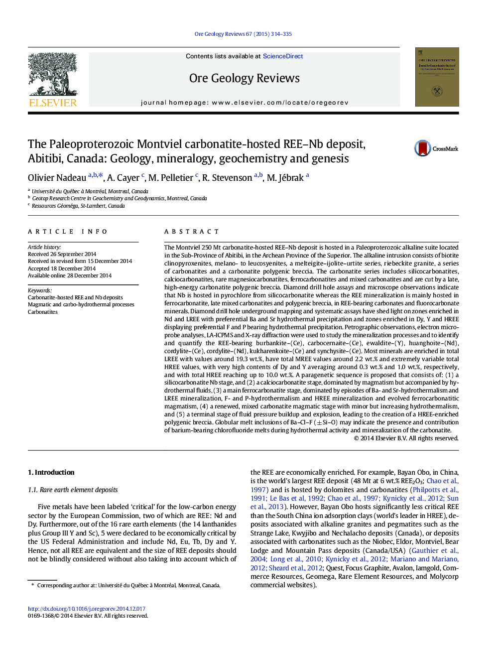 The Paleoproterozoic Montviel carbonatite-hosted REE-Nb deposit, Abitibi, Canada: Geology, mineralogy, geochemistry and genesis