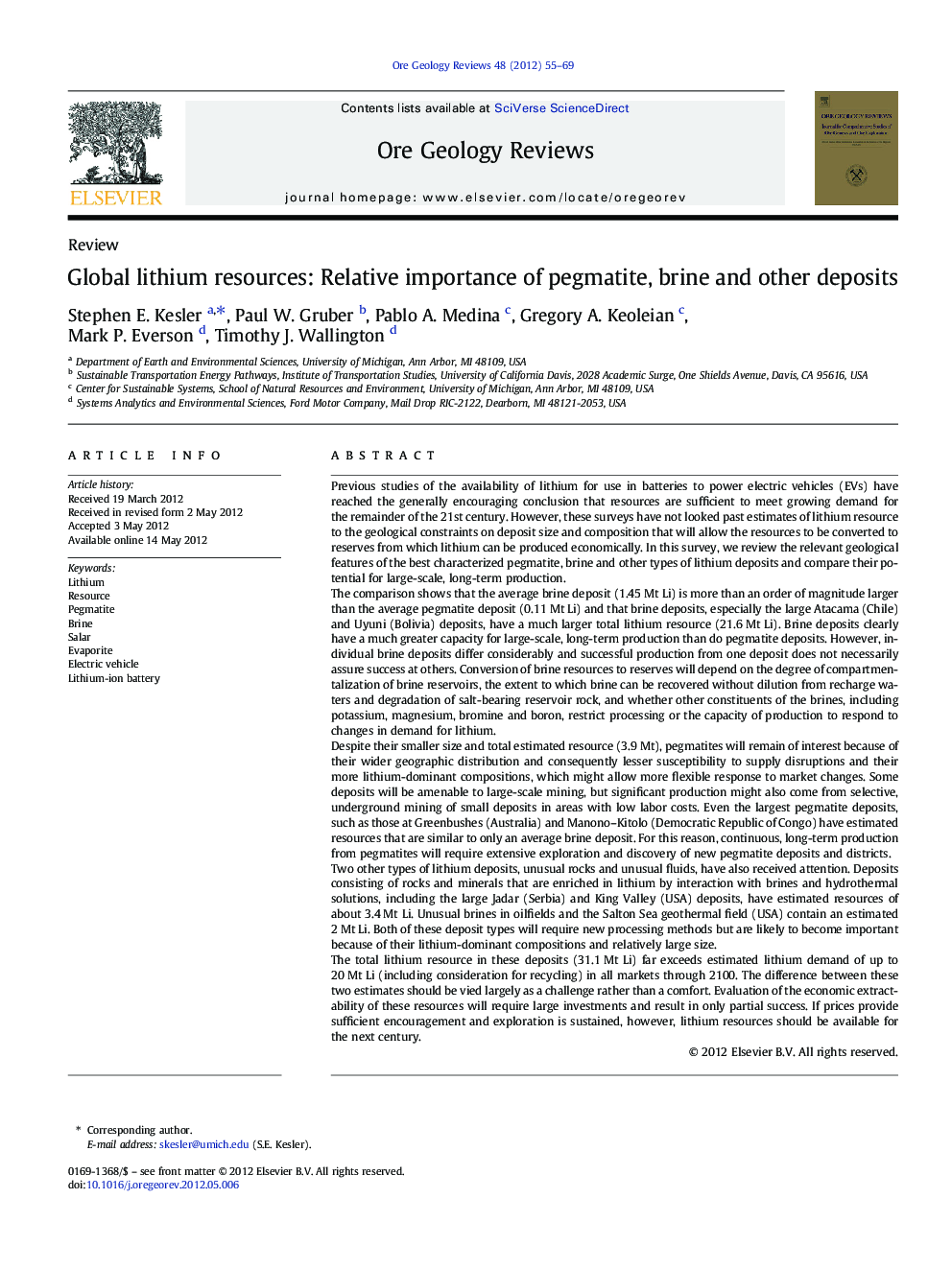 ReviewGlobal lithium resources: Relative importance of pegmatite, brine and other deposits