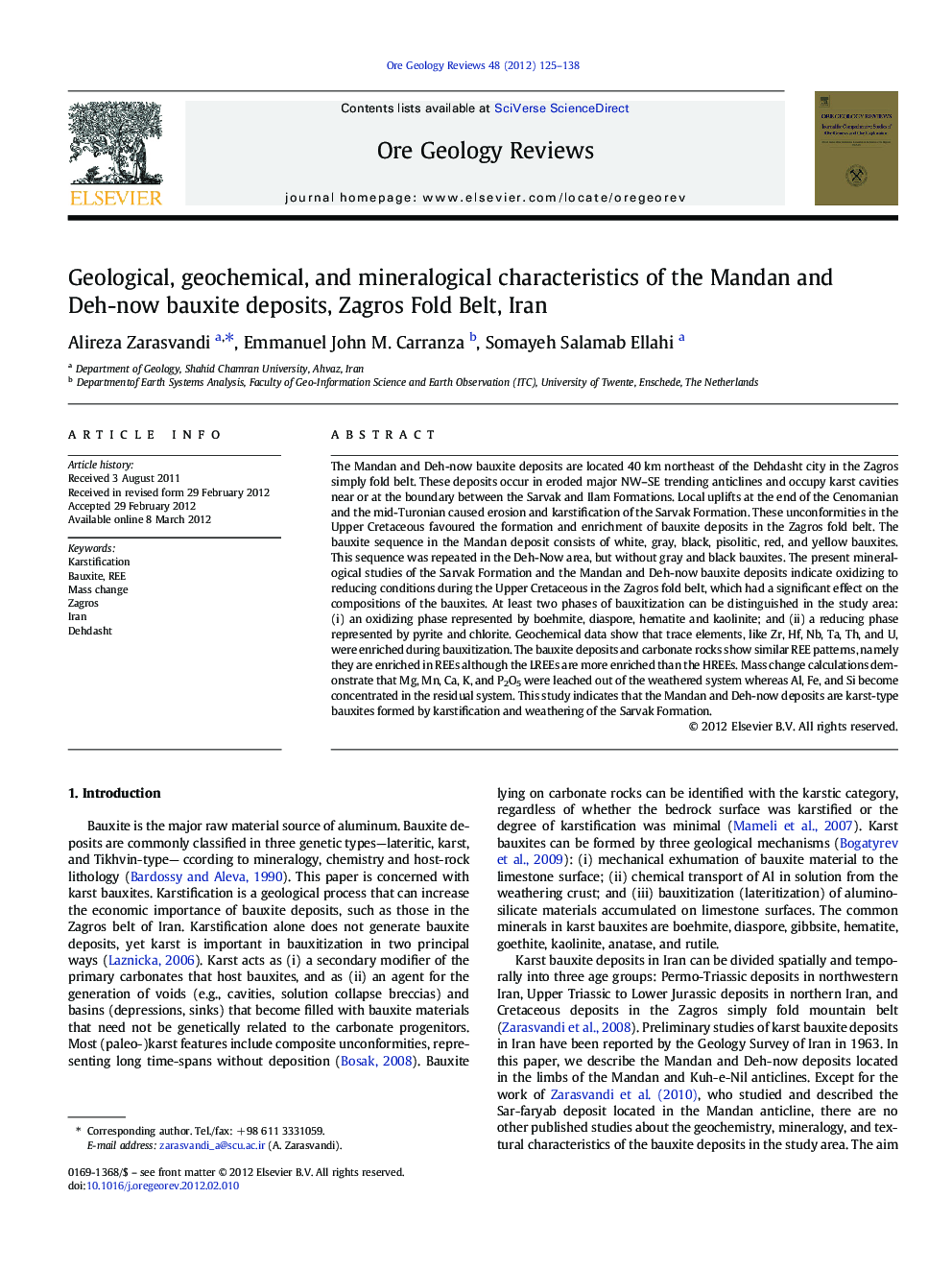 Geological, geochemical, and mineralogical characteristics of the Mandan and Deh-now bauxite deposits, Zagros Fold Belt, Iran